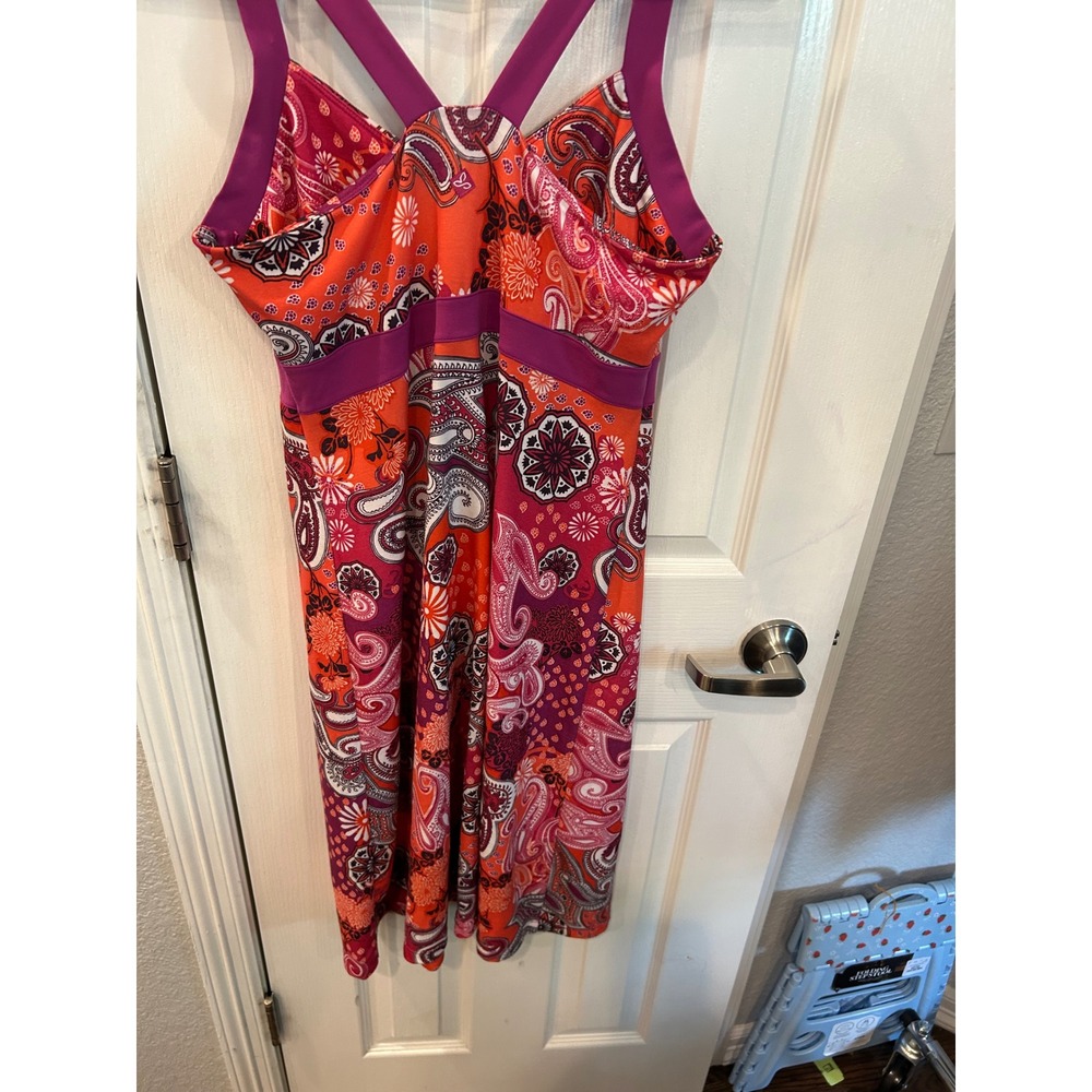 Prana Athletic Dress Orange Magenta Paisley Print Crossback Shelf Bra Yoga Hike - Picture 6 of 7
